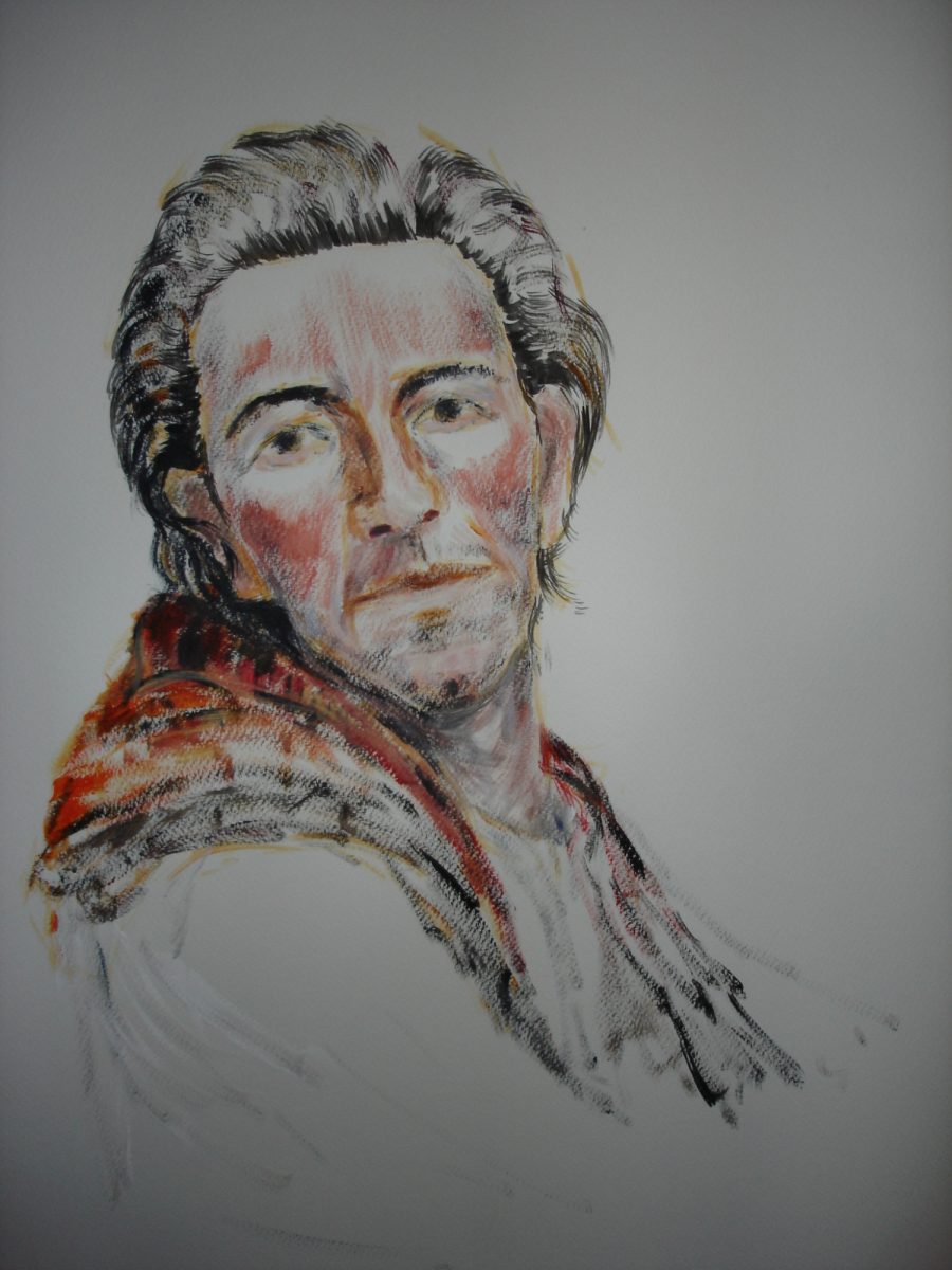 man met rode sjaal, acryl