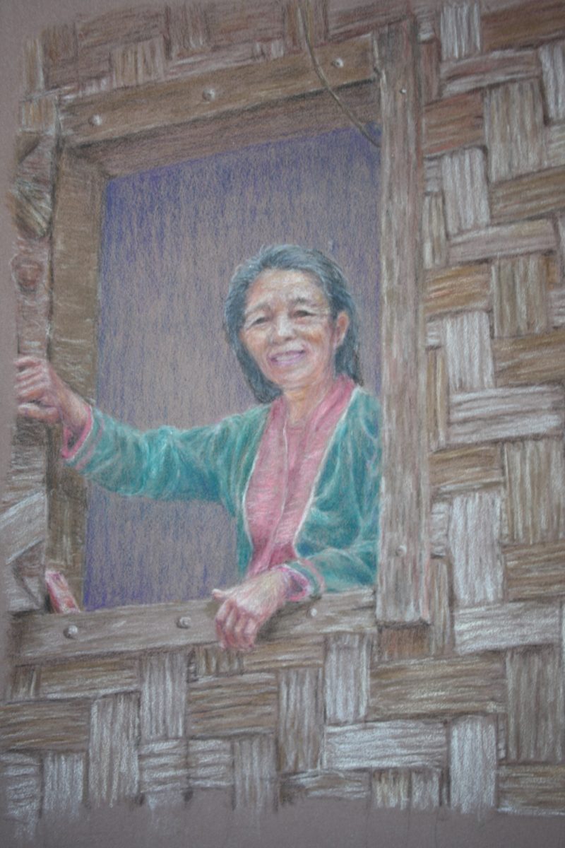 dame in het venster, kleurpotlood